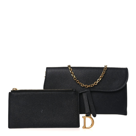 CHRISTIAN DIOR Grained Calfskin Saddle Chain Wallet Pouch Black