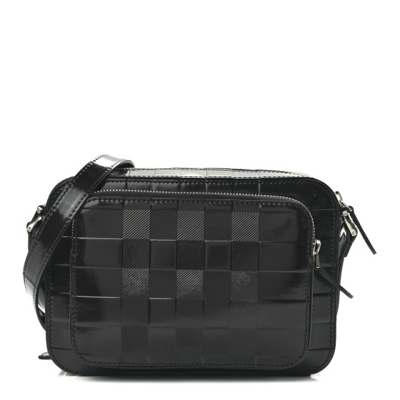 BURBERRY Patent Check Paddy Messenger Dark Charcoal Blue