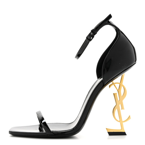 SAINT LAURENT Patent Calfskin Opyum 110 Sandals 40.5 Black Gold