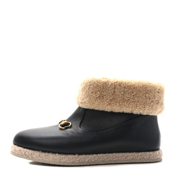 GUCCI Calfskin Wool Womens Fria Horsebit Ankle Boots 40 Black Butterscotch