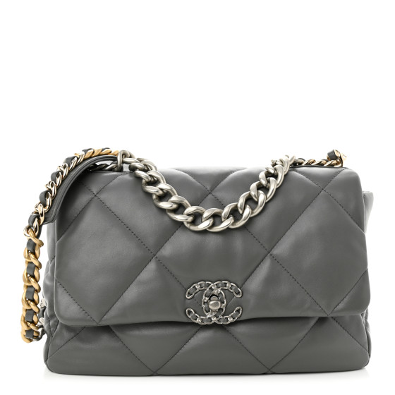 CHANEL Lambskin Quilted Large Chanel 19 Flap Grey