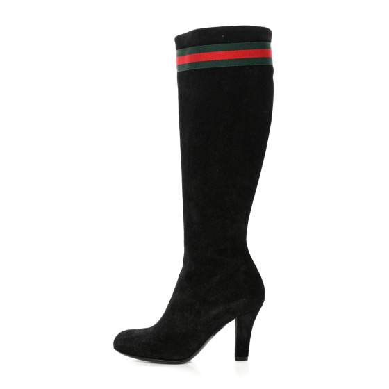 GUCCI Suede Knee High Web Boots 35.5 Black