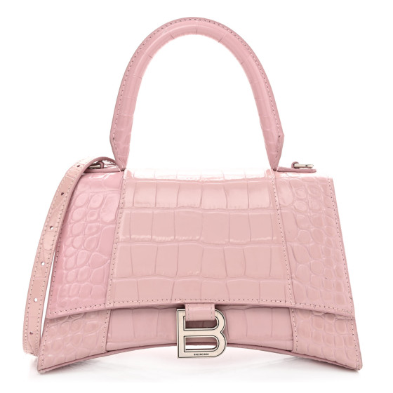 BALENCIAGA Calfskin Crocodile Embossed Small Hourglass Top Handle Bag Powder Pink