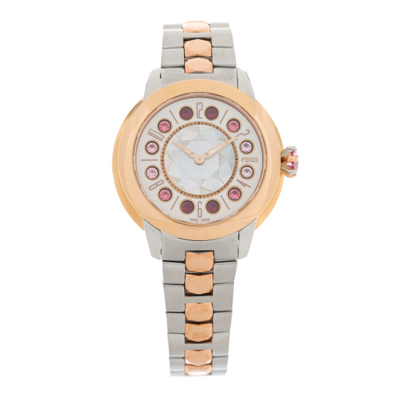 FENDI Stainless Steel Mother of Pearl Topaz Spinel 33mm Ishine Rotating Gem Two Tone Quartz Watch