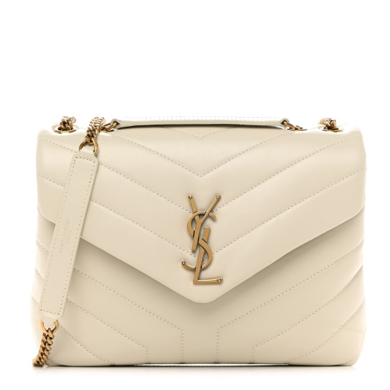 SAINT LAURENT Calfskin Y Quilted Monogram Small Loulou Chain Satchel Crema Soft